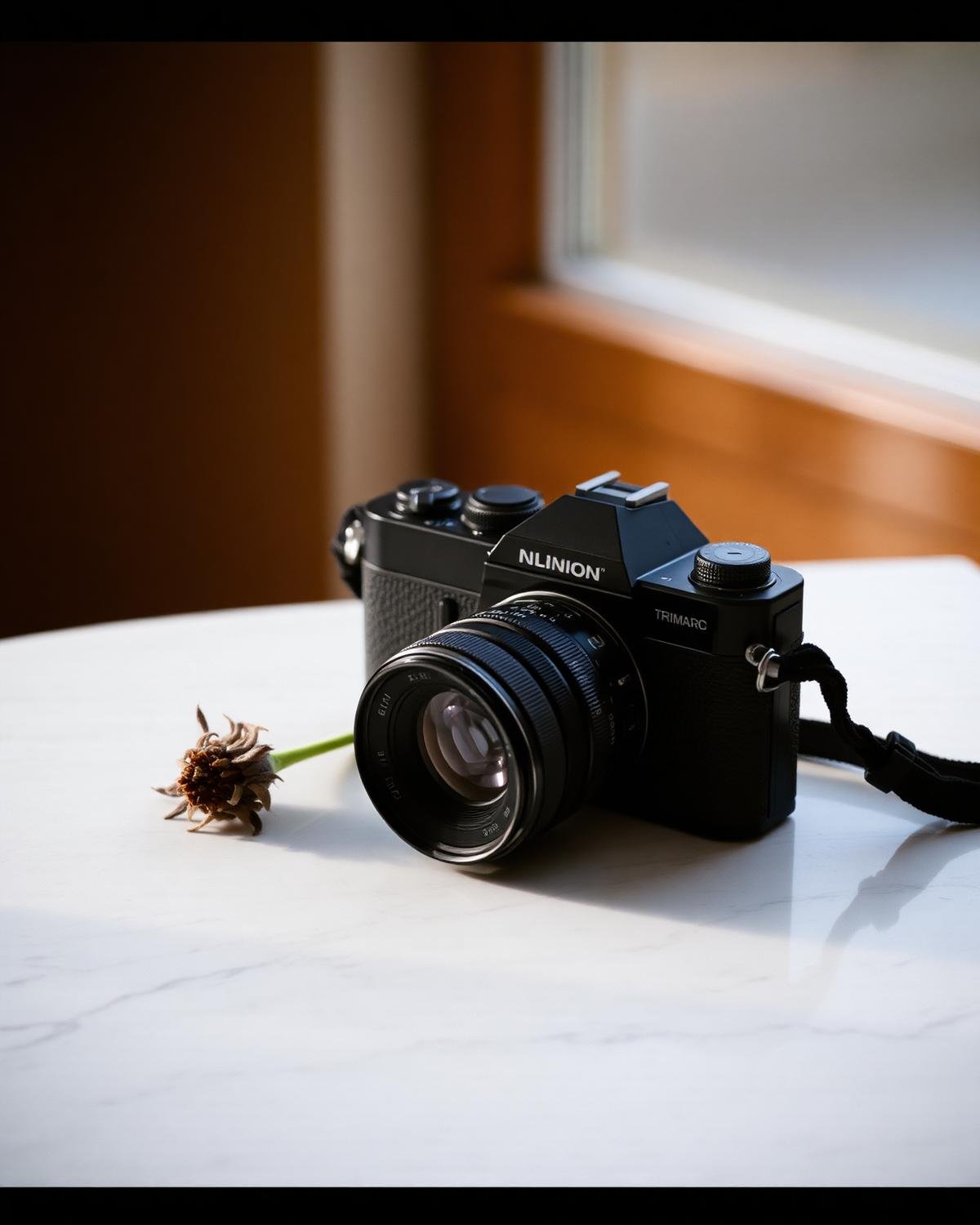 Macchina fotografica analogica posata su un tavolo di marmo